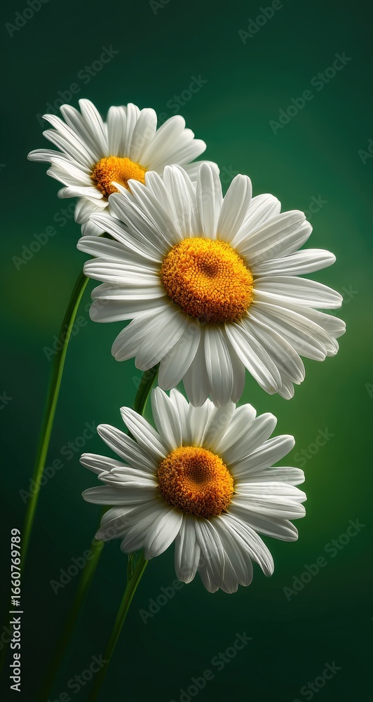 Obraz premium Three white daisy blooms with yellow centers against a verdant, blurred background