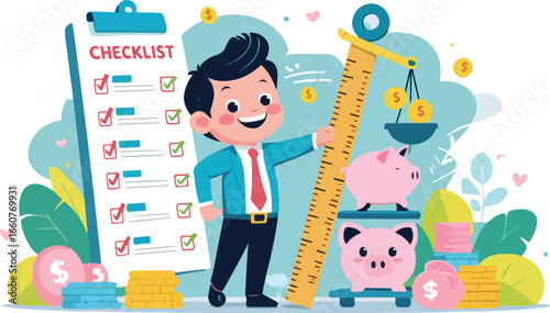 Smiling boy measures financial success with piggy banks, coins, and checklist for goals