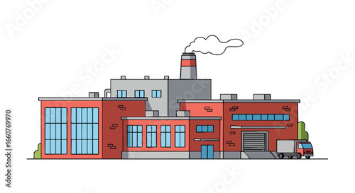 Stylized cartoon illustration of a factory building with a delivery truck outside of the building on a bright white background