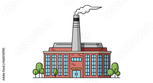 Stylized factory emitting smoke with simplistic building design and green trees illustration reflecting potential pollution concerns and ecological