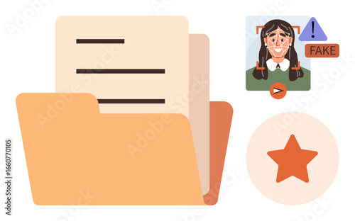Open folder with papers, fake detection on profile with alert icon, play button, and star rating. Ideal for content review, verification, data management, fraud detection, quality rating
