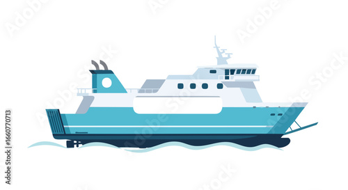 Vector illustration depicting a passenger ferry in shades of blue and white against a clean white background
