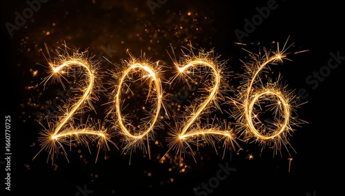 Sparkling numbers 2026 written with sparklers on a dark background
