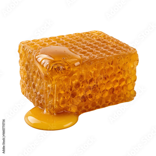 Glistening honeycomb cube drenched in golden honey against a stark black canvas