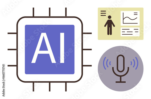 AI processor, data chart with human figure, and microphone icon. Ideal for technology, innovation, data analytics, voice recognition, digital tools machine learning and automation themes. Clean