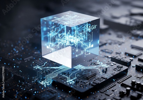 Digital Concept of Git. Version Control System with Futuristic Cube on a Circuit Board.