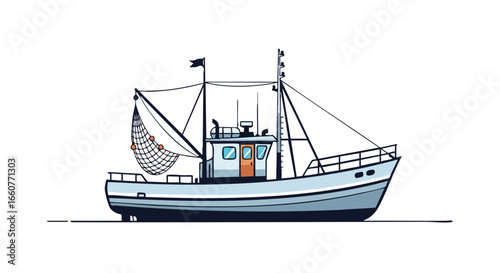 Illustration of a Vintage Fishing Vessel Ready to Set Sail on a Calm Voyage for an Abundant Catch in the Open Ocean