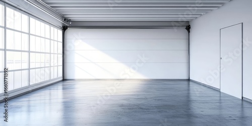 A large, empty garage with a white door