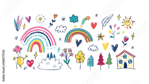 Colorful doodle set featuring rainbows, hearts, stars, clouds, flowers, suns, trees, houses, leaves, and plants in a whimsical design