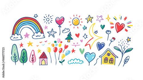 Hand drawn doodle set with rainbow, heart, star, sun, cloud, tree, house, rain, plant, love, happy, nature, sky, color, cartoon, symbol, shape