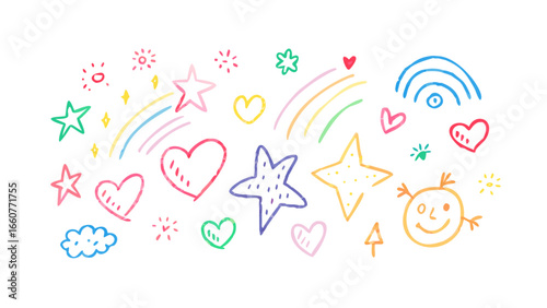 Handdrawn doodle elements showcasing stars, hearts, rainbows, and other charming designs, ideal for adding a whimsical touch to any project