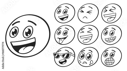 Set of cartoon emoji faces with different expressions collection of cute emoticons with various emotions vector illustration of funny characters