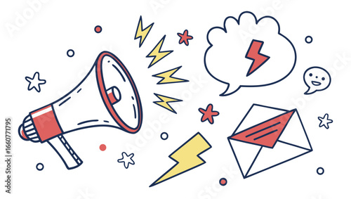 A handdrawn illustration featuring a megaphone, lightning bolts, stars, and an envelope, , perfect for marketing and communication themes