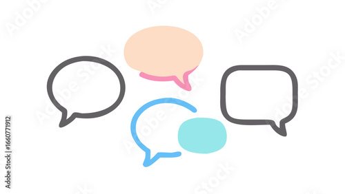 Illustration of speech bubbles in various shapes and colors, , symbolizing communication, dialogue, and conversation