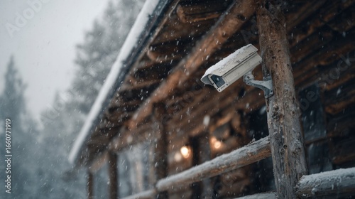 Security camera on snowy log cabin