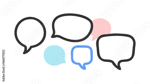 Illustration of speech bubbles with various shapes and colors, , representing communication, dialogue, and conversation in a simple and modern style