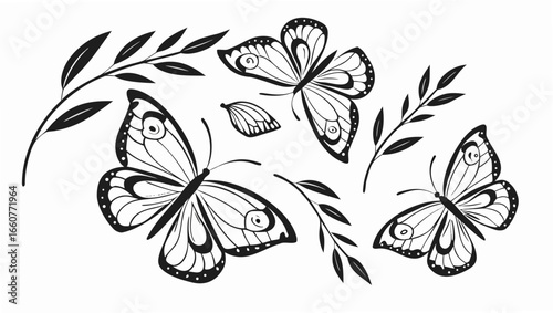 Delicate butterflies and leaves in black and white, , capturing the essence of nature and the beauty of spring in a simple yet artistic design