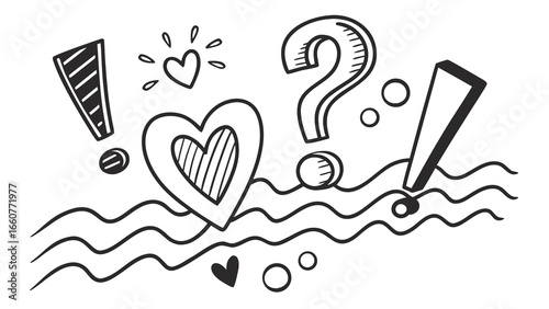 Hand drawn doodle elements with hearts, question marks and exclamation points on wavy lines