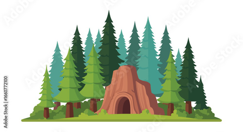 Stylized woodland scene with evergreen trees and a hollowed-out rock formation creating a sense of natural enclosure nestled within nature