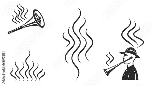 Illustration of a trumpet, smoke, and a musician playing a wind instrument