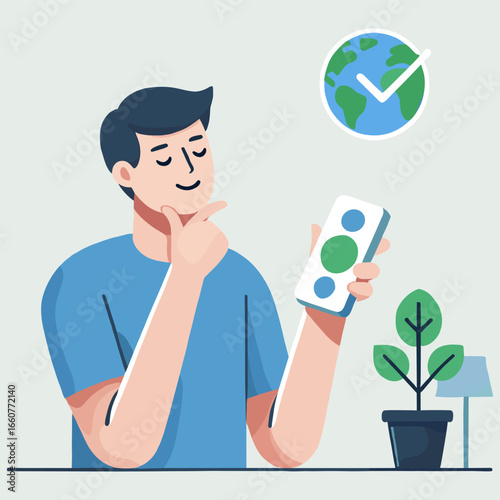 Man Holding Phone with Globe and Check Mark Over Plant Illustration
