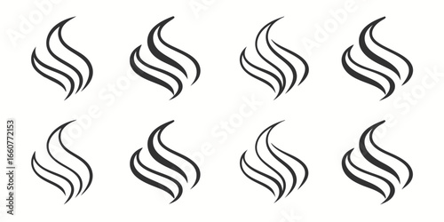 Set of eight abstract aroma, fragrance, smoke, steam, vapor, and wave shapes for graphic design elements and decorative ornaments