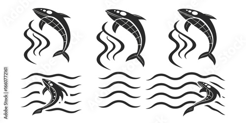 Set of orca killer whale jumping out of the sea and ocean wave for graphic design elements and decorative ornaments