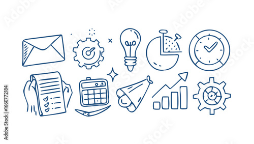 Hand drawn business doodles featuring email, gear, light, pie chart, clock, list, calculator, megaphone, graph, and check mark