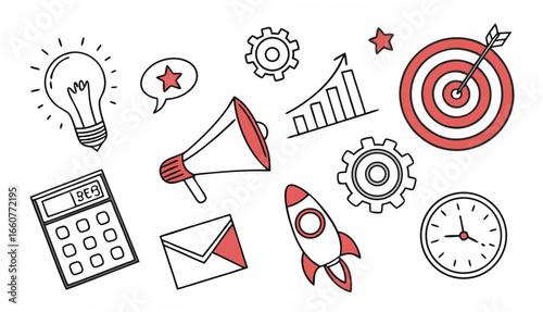 Hand drawn business doodles featuring marketing strategy, financial planning, and innovative ideas for achieving success and growth