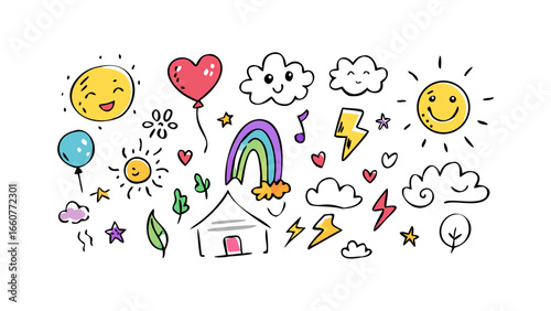 Hand drawn doodles with sun, heart, cloud, rainbow, house, lightning, star, note, balloon, tree, leaf, smile, happy, cute