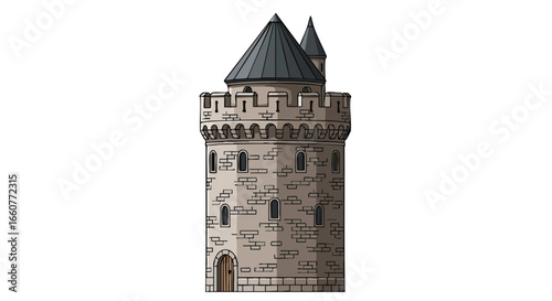 Whimsical Medieval Tower Illustration with Detailed Stonework and Distinct Architectural Design for Fantasy and Historical Visuals