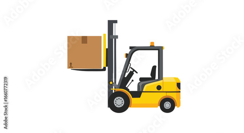 Cartoon depiction of a yellow forklift carrying a brown cardboard box with up arrow symbol, isolated on a white background showcasing industrial