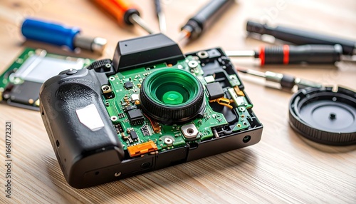 Disassembled camera on a wooden surface
