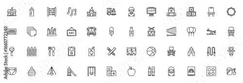 Kindergarten icon set. Vector illustration. Includes symbols for playground, school supplies, toys, baby items, education, learning, children activities and more.
