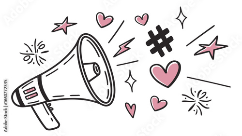Hand drawn megaphone with hearts, stars, and a hashtag for social media marketing and communication