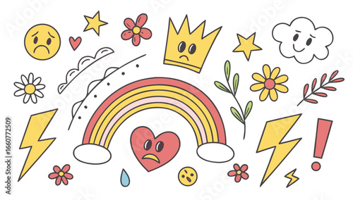 Set of hand drawn vector rainbow, heart, star, cloud, flower, crown and lightning shapes for design element, decoration and pattern