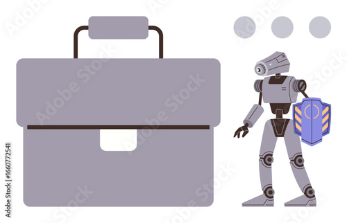 Robot holding shield beside a large briefcase, blending technology and security concepts. Ideal for innovation, AI, cybersecurity, business, protection, data futuristic themes. Simple flat metaphor
