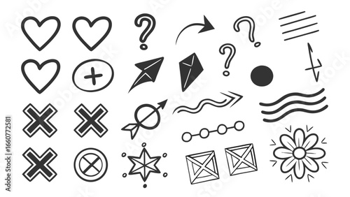 Handdrawn doodle symbols a collection of sketchy icons including hearts, arrows, question marks, stars, and other design elements