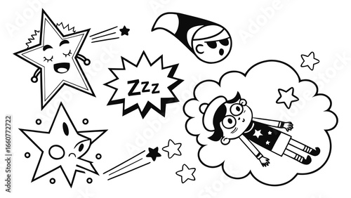 Cartoon illustration of a sleeping person dreaming of stars and zzz symbols, , perfect for childrens designs and bedtime stories