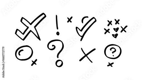Hand drawn check marks, crosses, question marks, and exclamation points for design elements, vector illustration, and graphic resources
