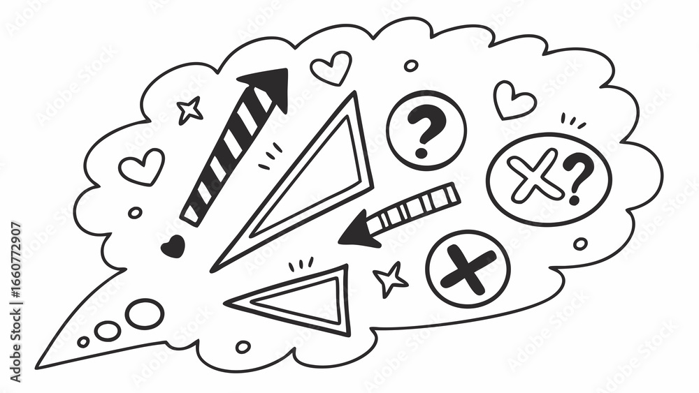 Obraz premium Handdrawn doodle illustration featuring arrows, hearts, stars, triangles, and a question mark, perfect for adding a creative touch to any design