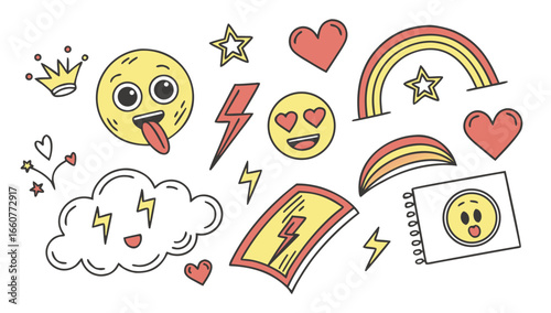 Collection of doodle emoji stickers featuring hearts, stars, lightning bolts, clouds, crowns, rainbows, and funny faces with tongues and love eyes