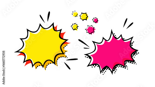 Dynamic comic pop art speech bubbles depicting a fight, versus, or battle with boom, bang, and explosion effects in retro vintage style