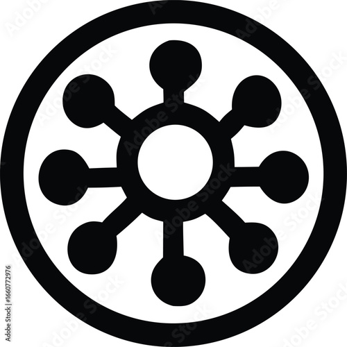 Abstract circular symbol with spokes and connected dots representing connection or network
