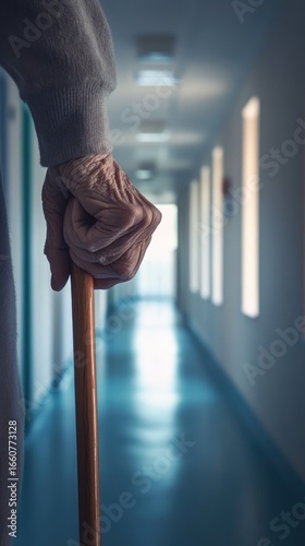 A person holding a cane in a hallway