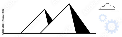 Two geometric pyramids pair with a subtle cloud and gear set, suggesting balance between nature, innovation, and growth. Ideal for progress, strategy, teamwork, innovation, achievement stability