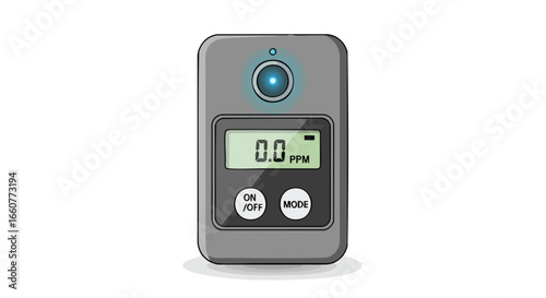 Digital alcohol tester device with clear display showing zero ppm on white background and illuminated sensor indicating readiness and accuracy