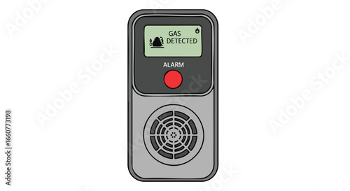 Portable gas detector device alerting of harmful fumes with display and audible alarm, showing a potential danger situation at home 150