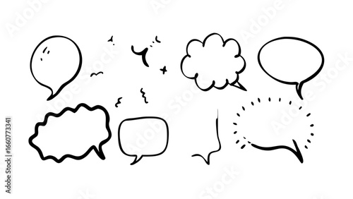 Hand drawn speech bubbles, a collection of cartoonish talk balloons in various shapes, perfect for adding a playful touch
