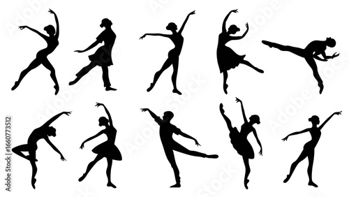 Diverse silhouettes of ballet dancers in dynamic poses, capturing the energy and artistry of dance